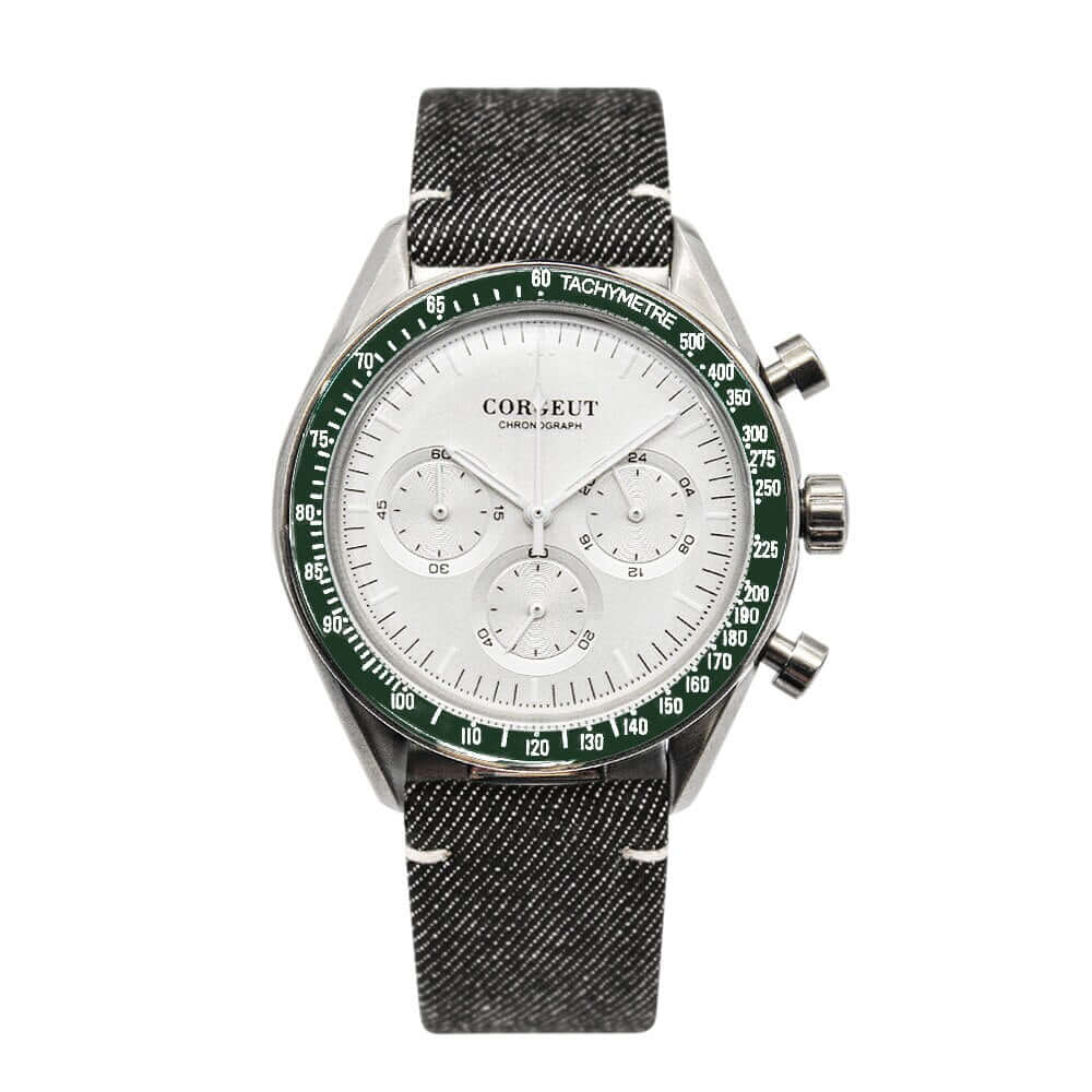 Mens Corgeut Chronograph Multi-Function Quartz Watch - silver dial, chrono dials, green outer ring on dark grey fabric strap