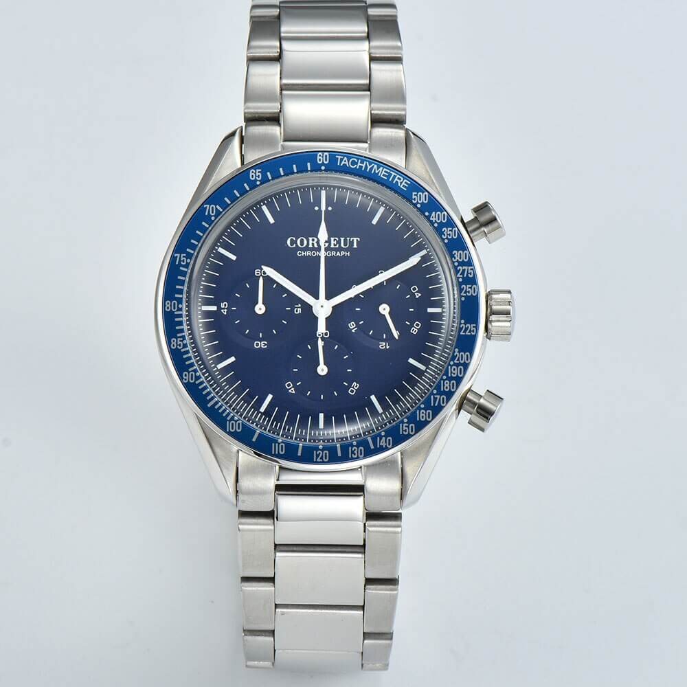 Mens Corgeut Chronograph Multi-Function Quartz Watch - blue dial, chrono dials,  outer ring, stainless steel link bracelet