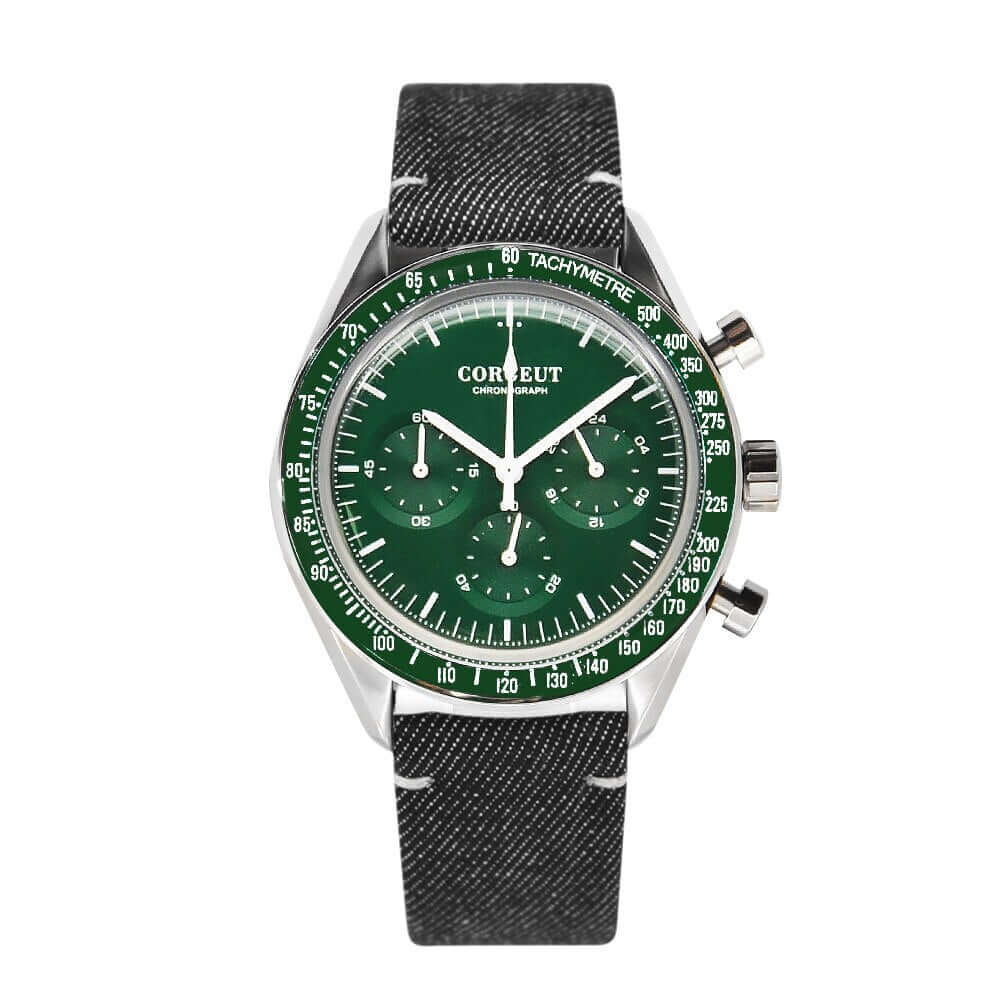 Mens Corgeut Chronograph Multi-Function Quartz Watch - green dial, chrono dials, outer ring on dark grey fabric strap