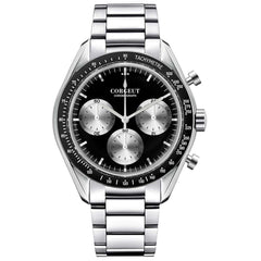 Mens Corgeut Chronograph Multi-Function Quartz Watch - black dial,  silver chrono dials, black outer ring, stainless steel link bracelet