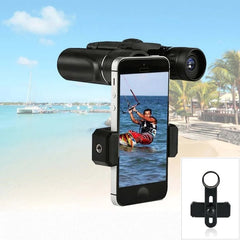 Mini Portable Lightweight Zoom HD 5000M Binoculars binoculars showing mobile phone attachment in place holding a phone